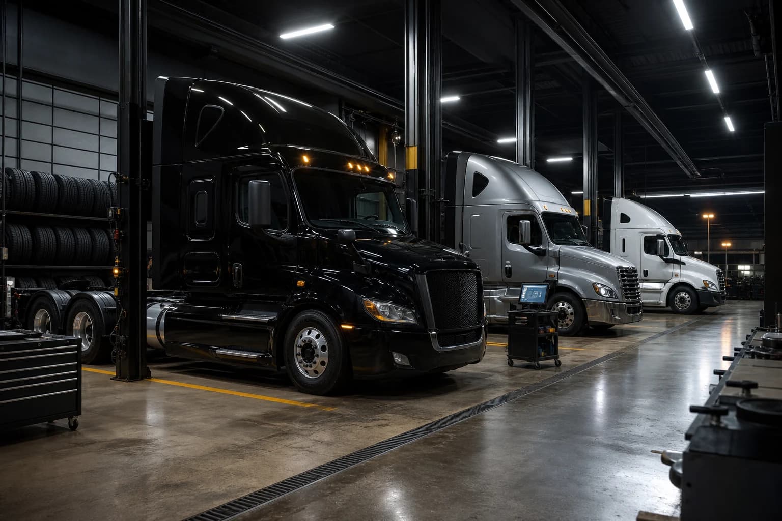 Industrial CGI visualization of three commercial tractors in organized fleet maintenance bays