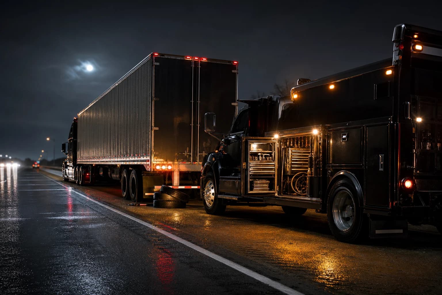 Industrial CGI visualization of a commercial roadside service truck assisting a tractor-trailer at night