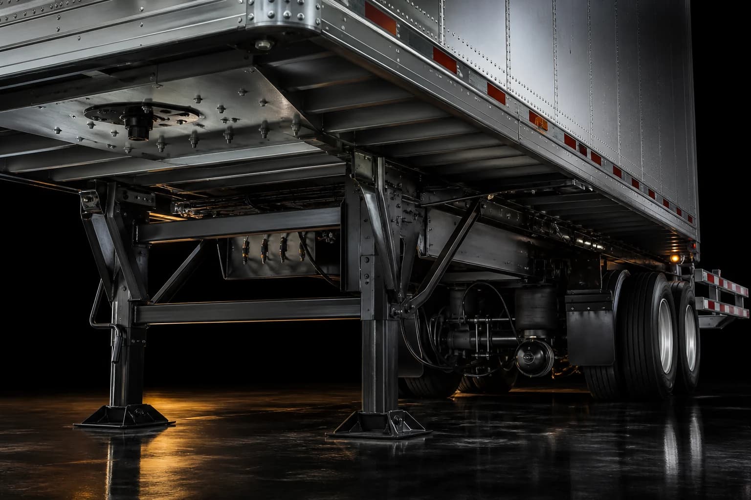 Industrial CGI visualization of commercial trailer landing gear, frame rails, crossmembers, air suspension, brakes, and tandem axles